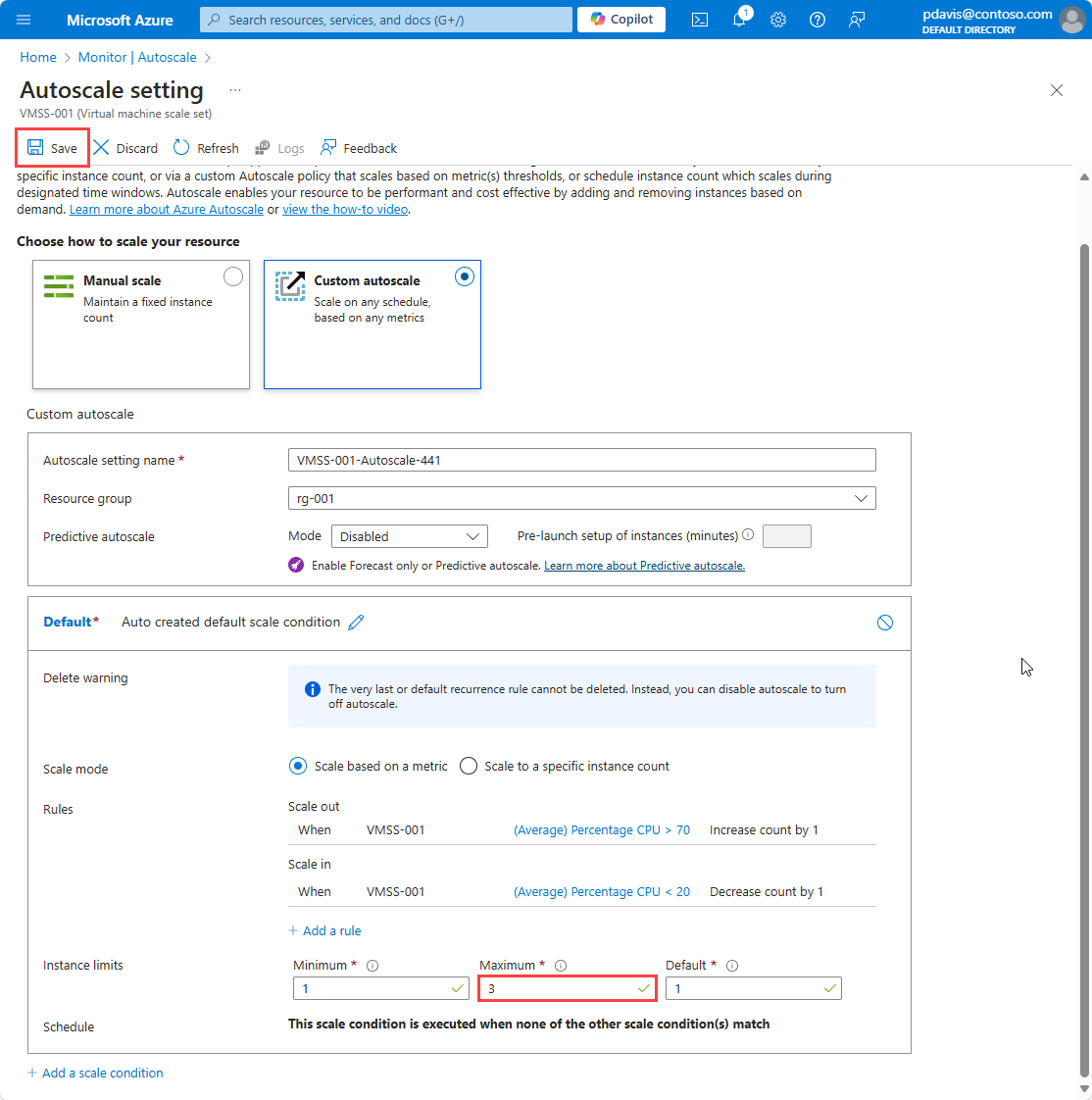 Capture d’écran montrant l’onglet Configurer de la page des paramètres de mise à l’échelle automatique avec des règles configurées.