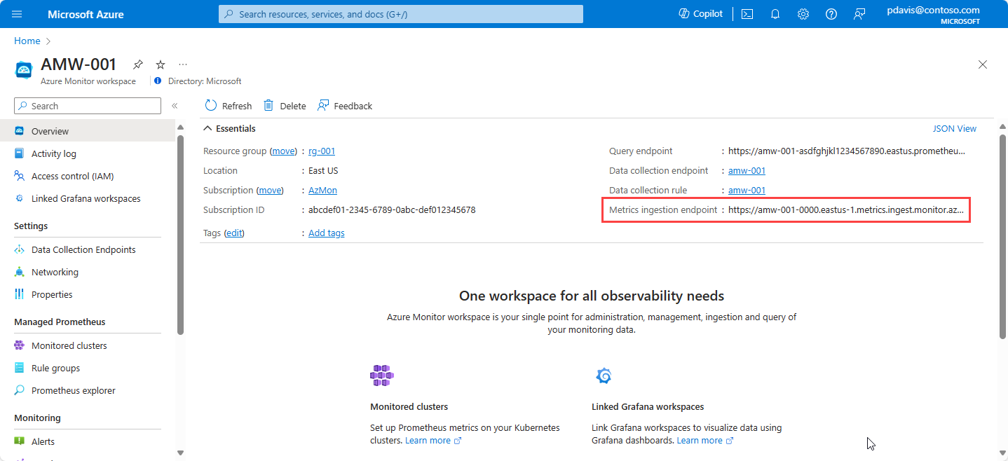 Capture d'écran présentant le point de terminaison d'ingestion des métriques pour un espace de travail Azure Monitor.