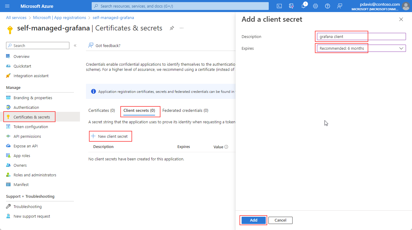 Capture d’écran montrant la page Ajouter un secret client.