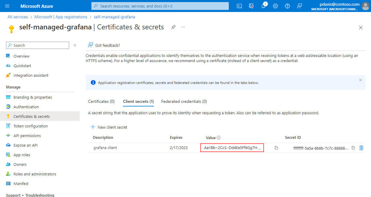 Capture d’écran montrant la page de secret client avec la valeur de secret générée.
