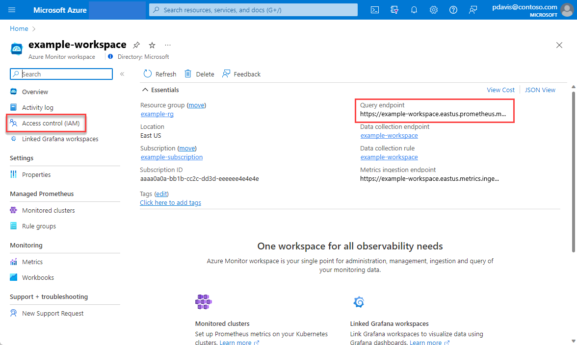 Capture d’écran montrant la page de présentation de l’espace de travail Azure Monitor.