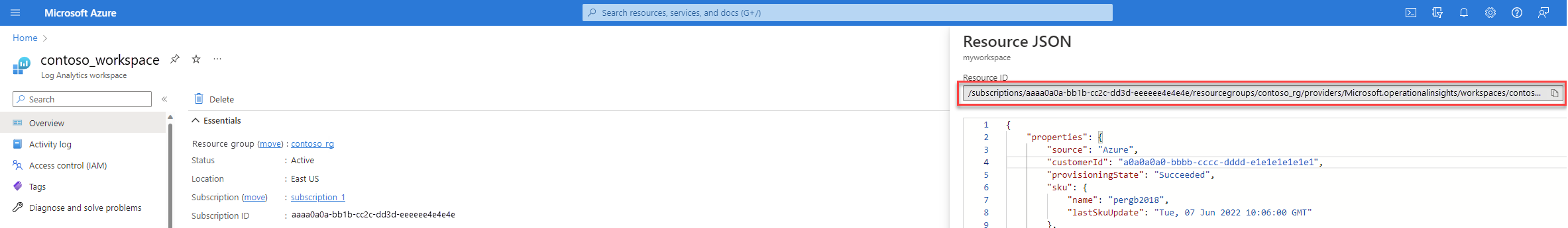 Capture d’écran affichant l’écran de la ressource JSON avec l’ID de ressource de l’espace de travail mis en surbrillance.