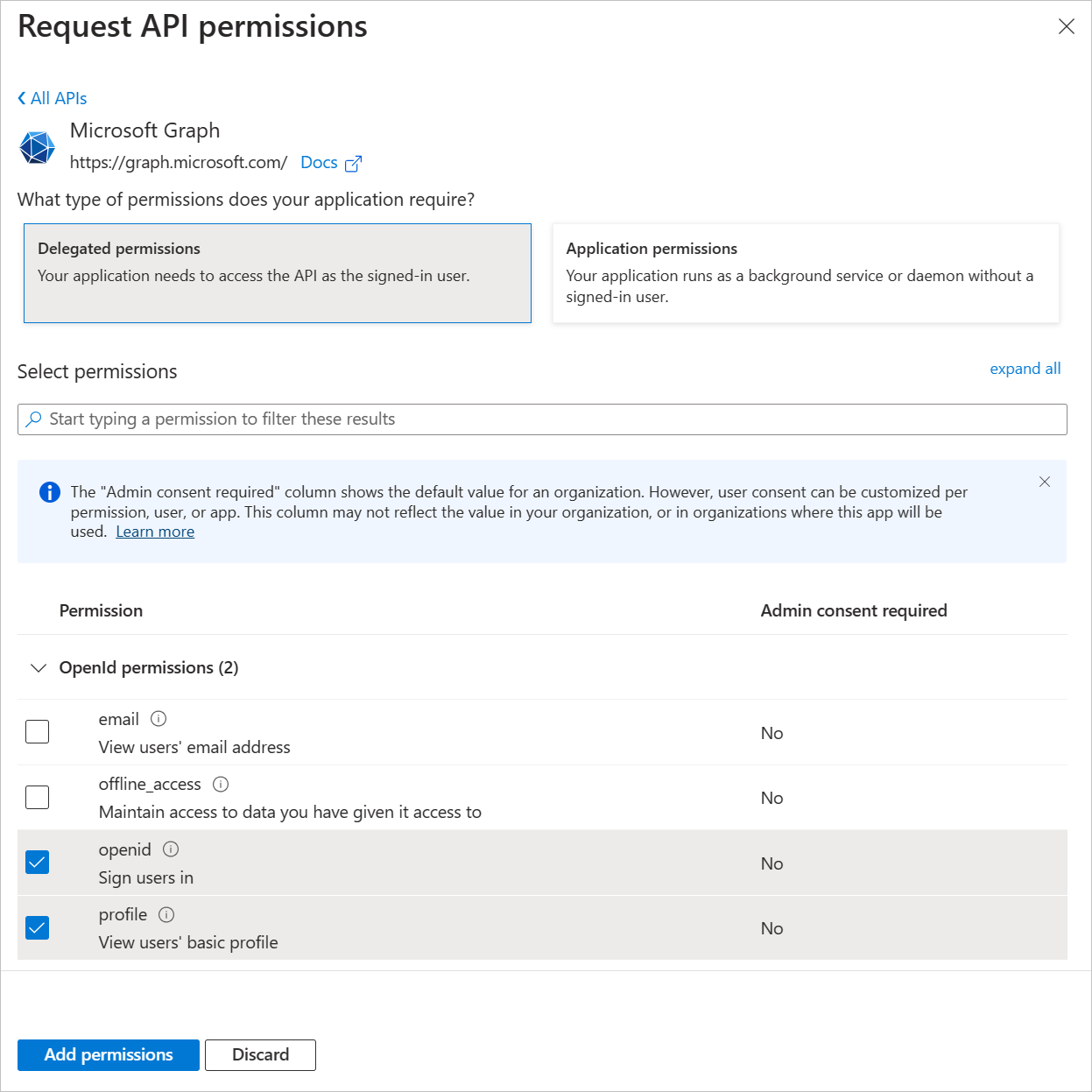 Screenshot to register API permissions.