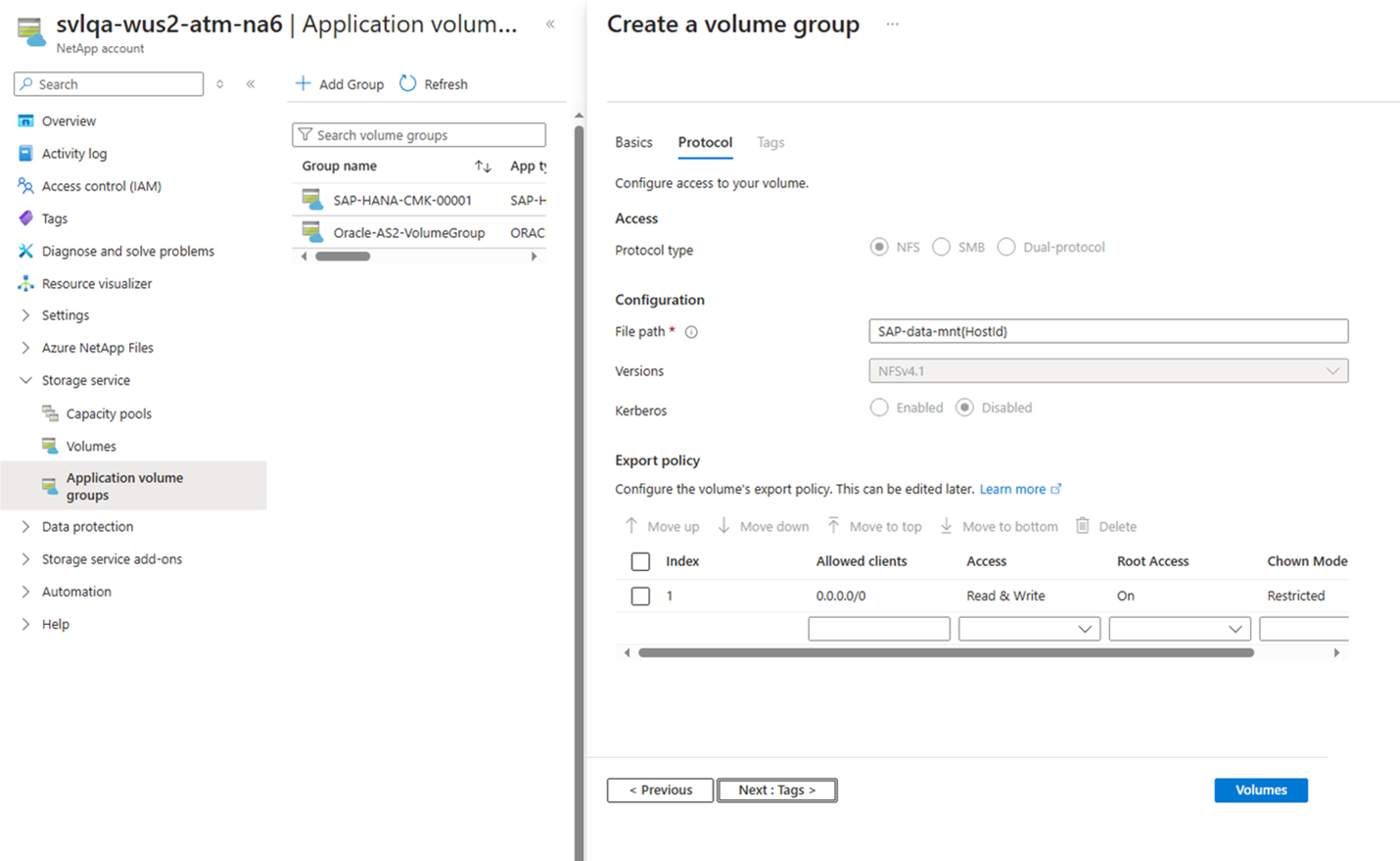 Capture d'écran montrant l'onglet Protocoles de la page Créer un groupe de volumes.