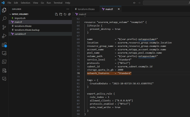 Capture d’écran du module Terraform avec les fonctionnalités réseau Standard.