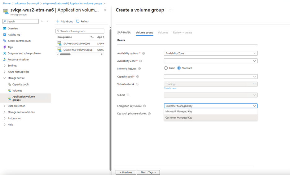 Capture d’écran de l’interface de création d’un groupe de volumes d’application.