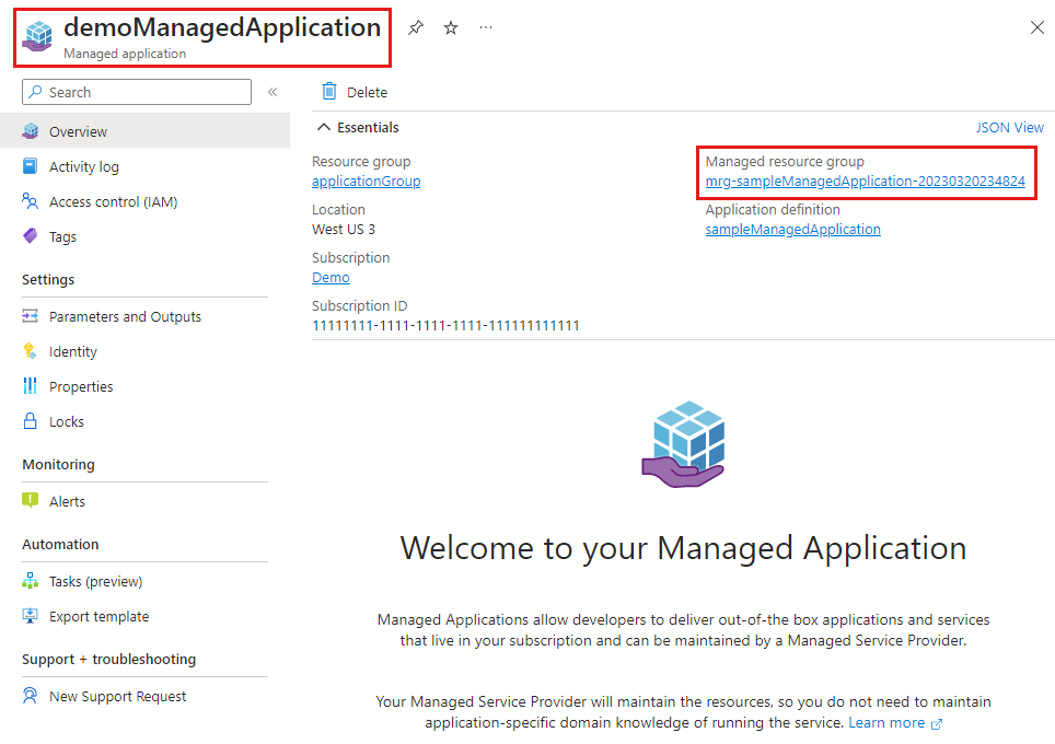 Capture d’écran des détails de l’application managée mettant en évidence le lien vers le groupe de ressources managé.