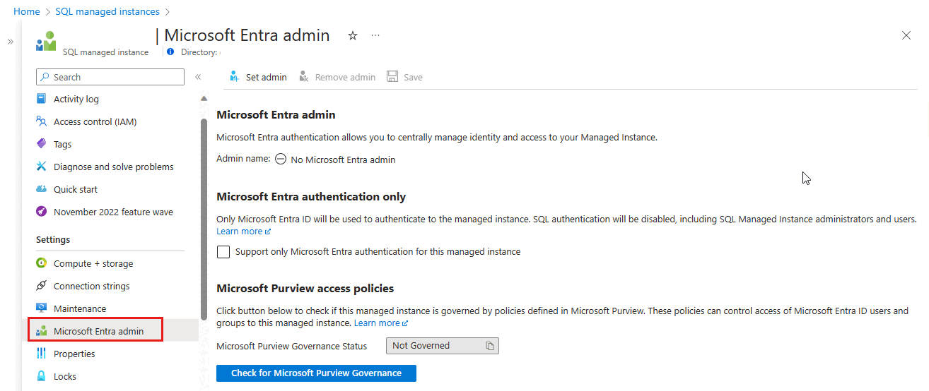 Capture d'écran du portail Azure sur lequel la page d'administration de Microsoft Entra est ouverte pour l'instance SQL Managed Instance sélectionnée.