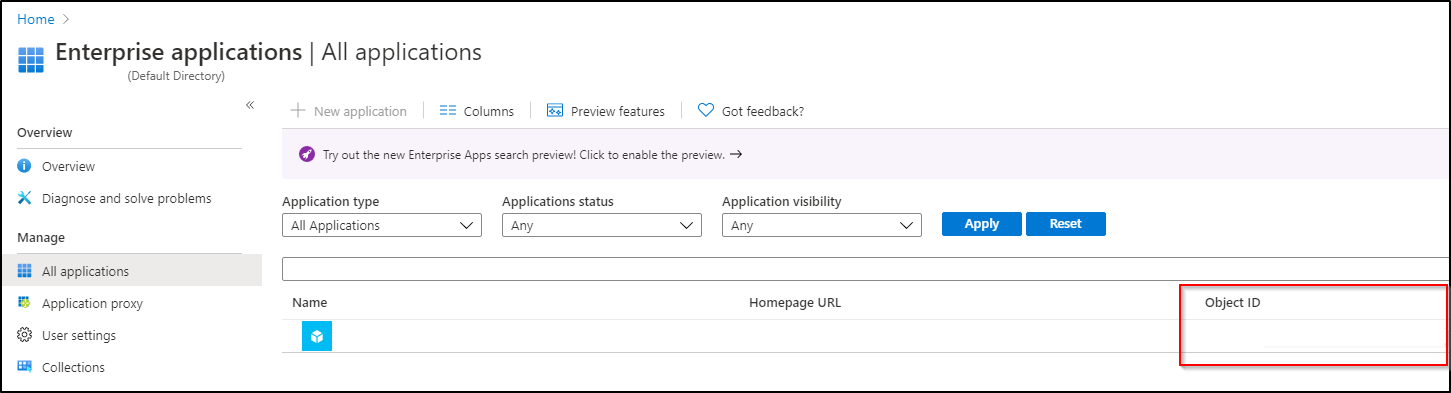 Capture d’écran de la page Applications d’entreprise pour une ressource Microsoft Entra avec l’ID d’objet de l’instance managée SQL mis en évidence.