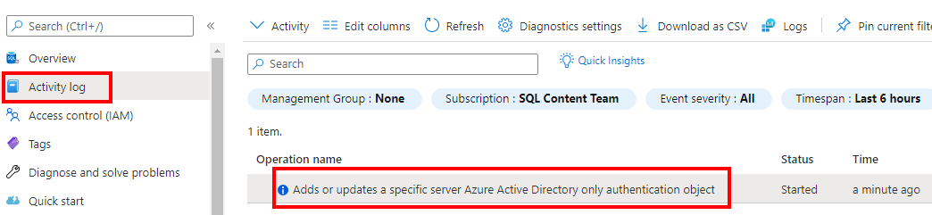 Entrée du journal d’activité dans le portail Azure