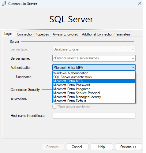 Capture d'écran de la boîte de dialogue Connect to Server dans SSMS. «&nbsp;Microsoft Entra MFA&nbsp;» est sélectionné dans la liste déroulante d'authentification.