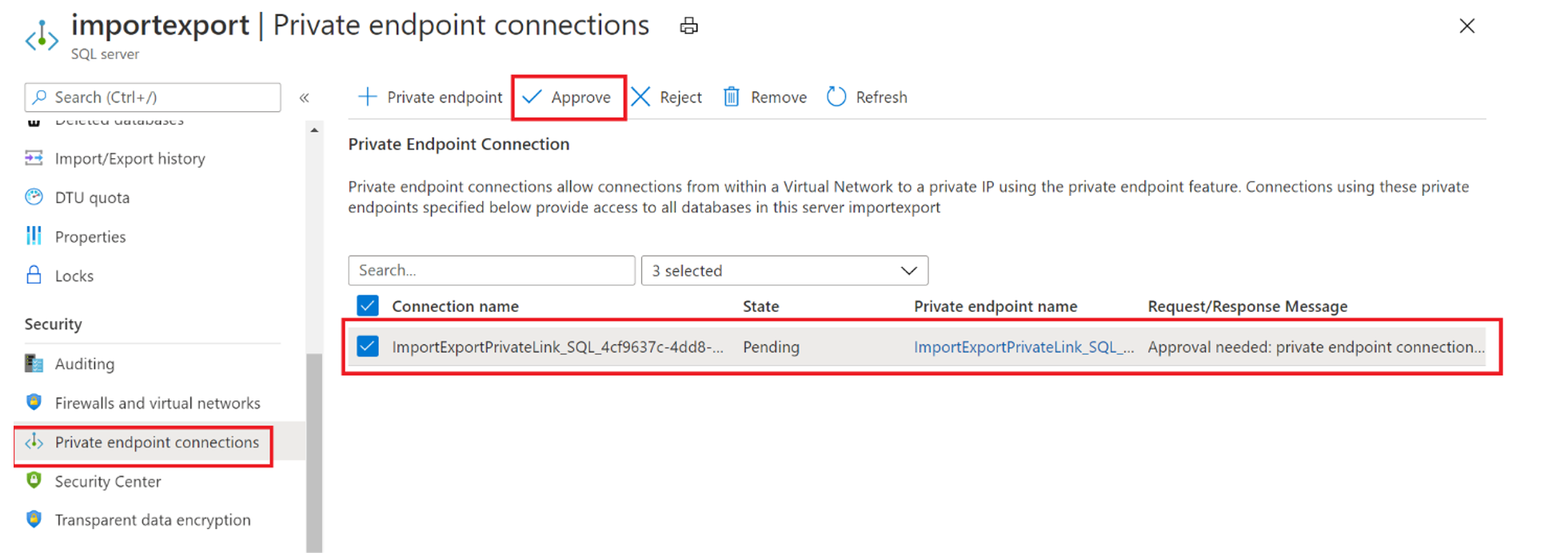 Capture d’écran du portail Azure montrant comment approuver une liaison privée avec Azure SQL Database.