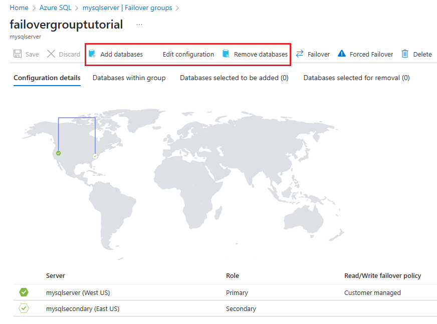 Capture d’écran de la page du groupe de basculement du portail Azure avec la barre des commandes mise en évidence.