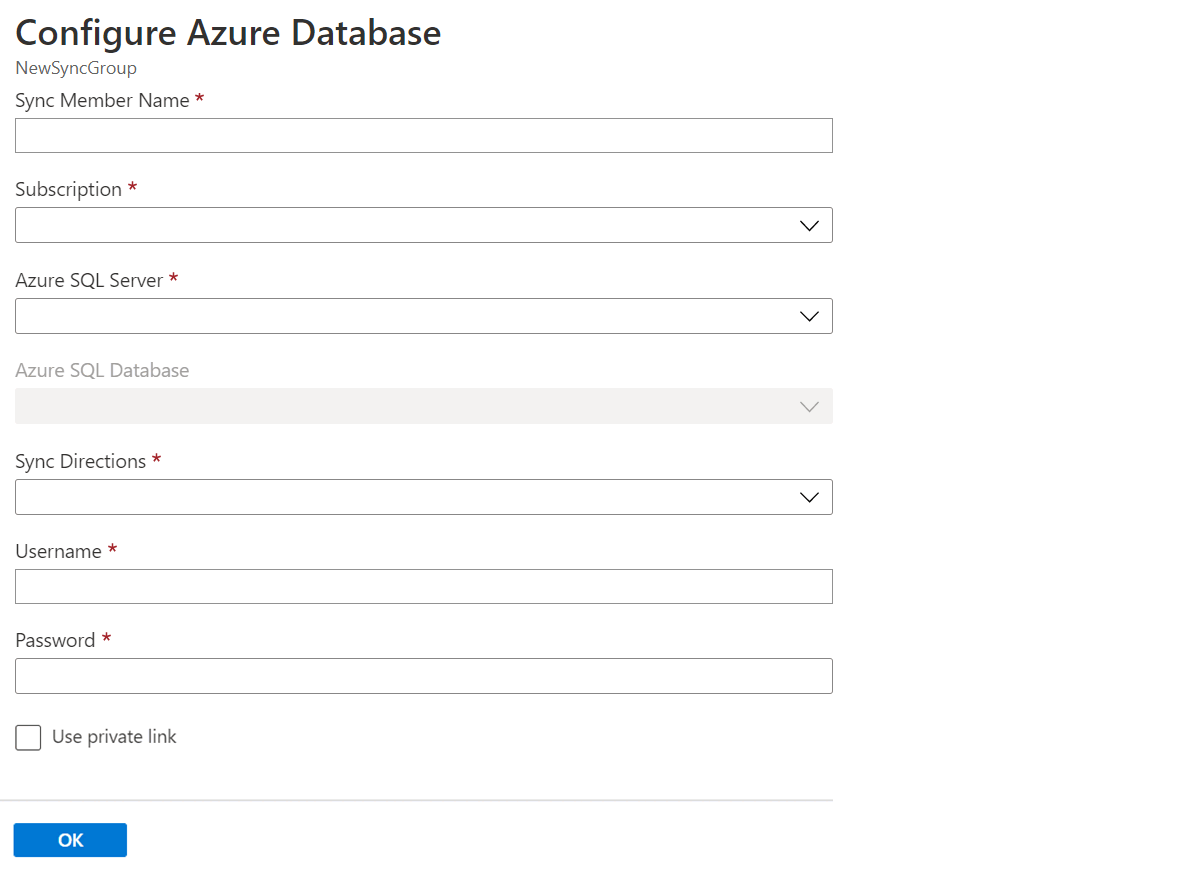 Capture d’écran du portail Azure montrant la page Configurer une base données Azure, où vous pouvez ajouter une base de données au groupe de synchronisation.