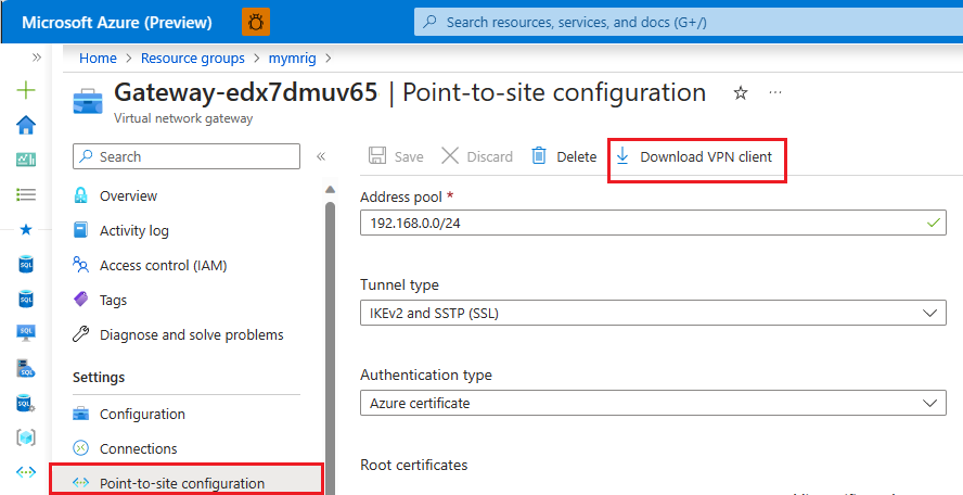 Capture d’écran de la page de configuration d’une connexion point à site de la passerelle pour le réseau virtuel SQL Managed Instance dans le portail Azure.