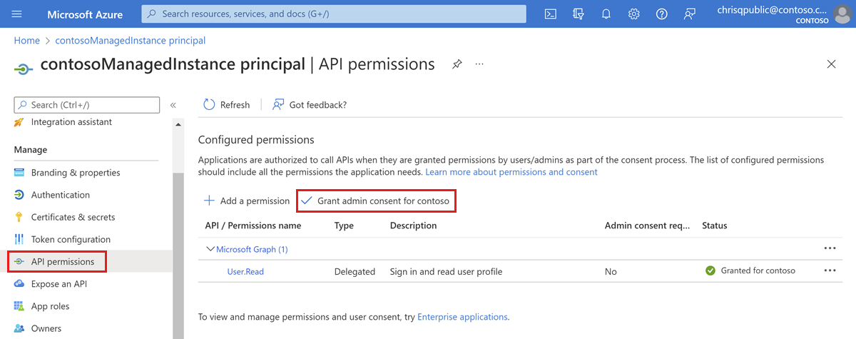 Capture d’écran du portail Azure avec les autorisations configurées pour les applications. L’état de l’exemple d’application est Accordé à aadsqlmi.