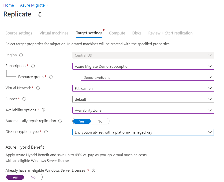 Screenshot of the target settings.