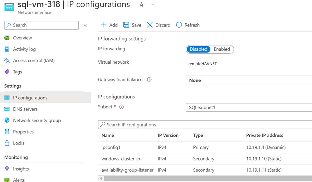 Capture d’écran du portail Azure montrant les configurations IP sur l’interface réseau.