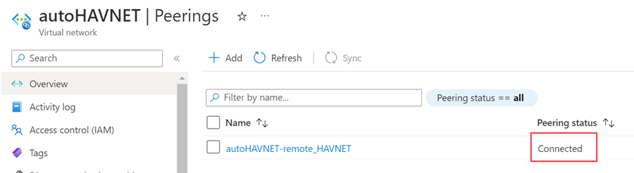 Capture d’écran du portail Azure montrant un état Connecté pour l’appairage de réseaux virtuels.