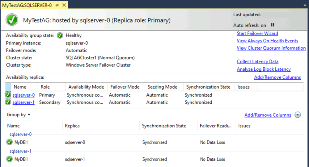 Capture d’écran du tableau de bord du groupe de disponibilité dans SSMS.