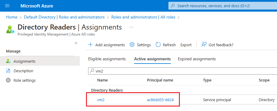 Capture d’écran de la page Lecteurs d’annuaires dans le portail Azure montrant votre attribution de machine virtuelle ajoutée au rôle.