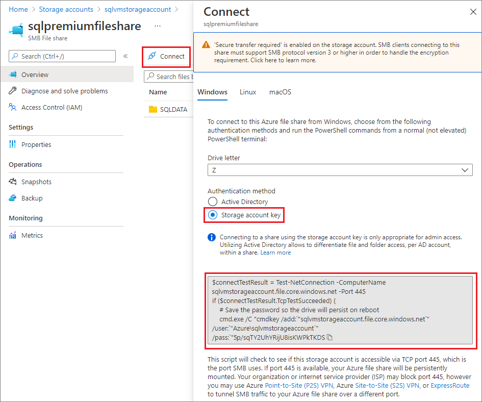 Capture d’écran montrant comment copier la commande PowerShell à partir du portail de connexion au partage de fichiers.