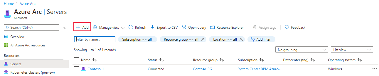 Capture d’écran montrant la page des serveurs Azure Arc pour l’ajout d’une machine virtuelle Azure VMware Solution à Azure.