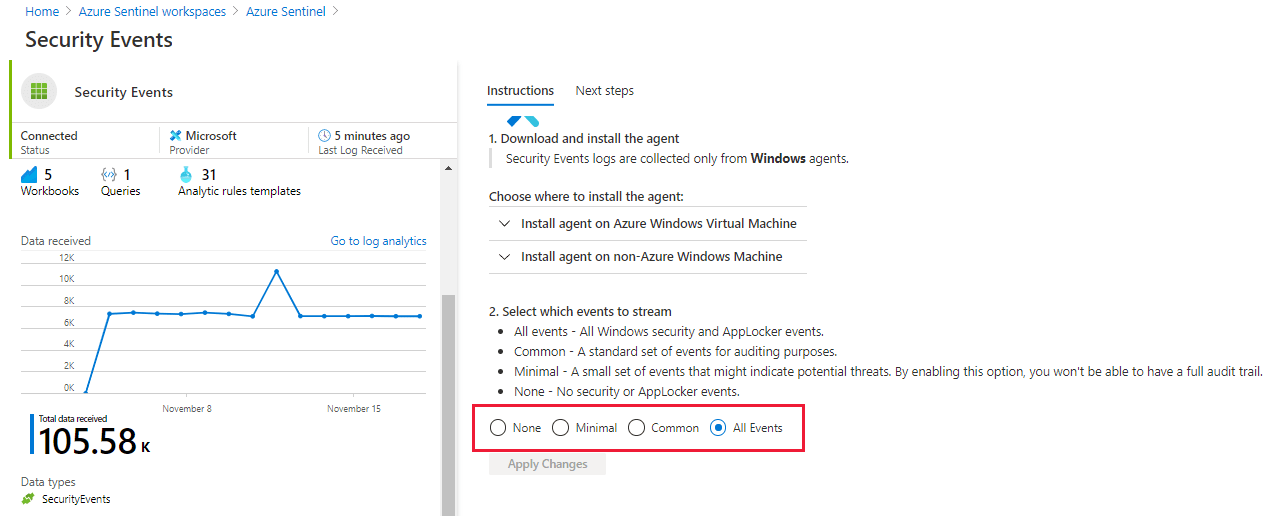 Capture d’écran de la page Événements de sécurité dans Microsoft Sentinel, où vous pouvez sélectionner les événements à diffuser.