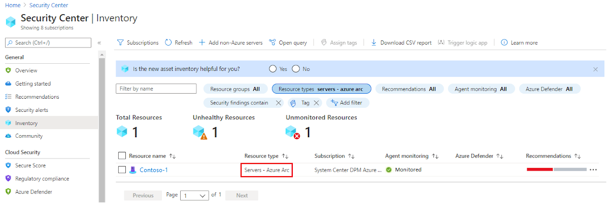 Capture d’écran de la page Stock de Microsoft Defender pour le cloud avec Serveurs - Azure Arc sélectionné sous Type de ressource.