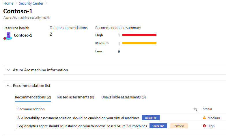 Capture d’écran montrant des suggestions de sécurité et des évaluations Microsoft Defender pour le cloud.