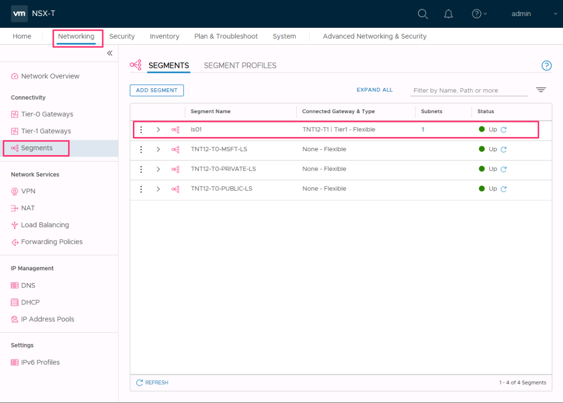 Capture d’écran qui montre la confirmation de la présence et l’état du nouveau segment réseau dans NSX.