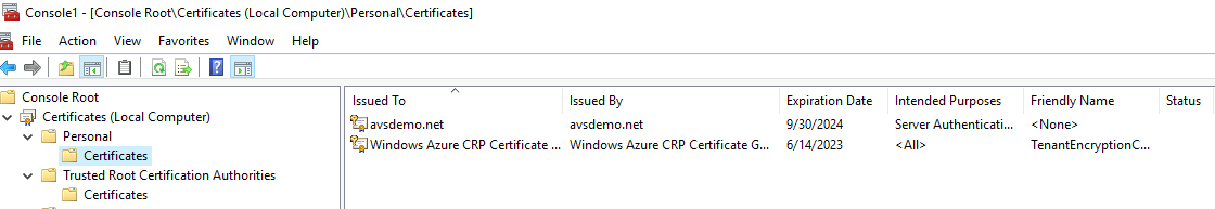 Capture d’écran montrant la liste des certificats dans la console de gestion.
