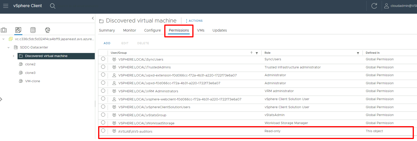 Capture d’écran montrant l’onglet Autorisations dans vCenter Server après l’ajout d’une attribution d’autorisation.