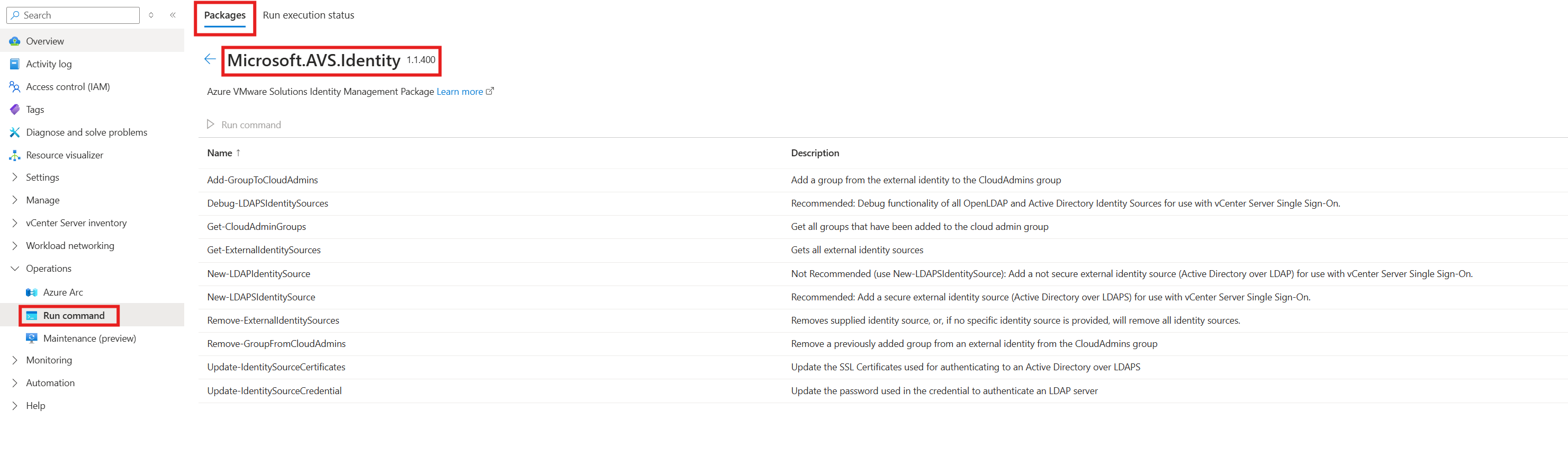Capture d’écran montrant le menu Exécuter la commande avec des packages disponibles dans le portail Azure.