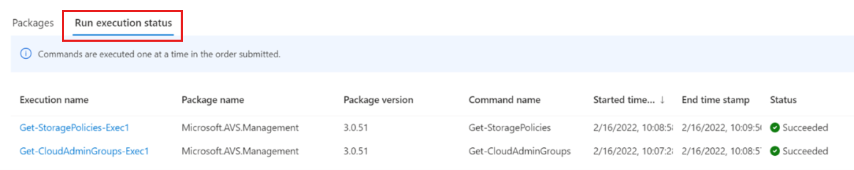 Capture d’écran montrant le volet État de l’exécution dans le portail Azure.