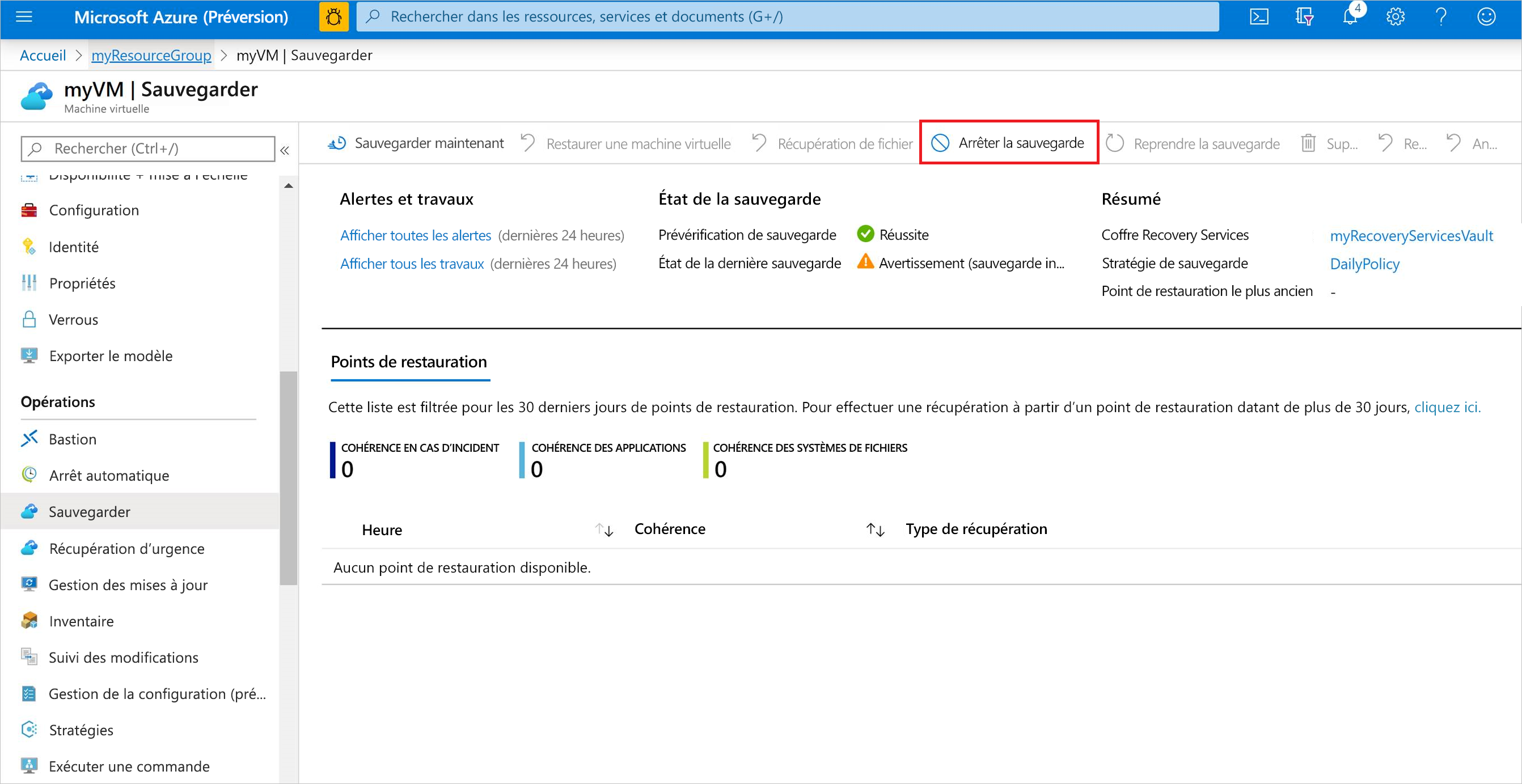 Screenshot showing to stop VM backup from the Azure portal.