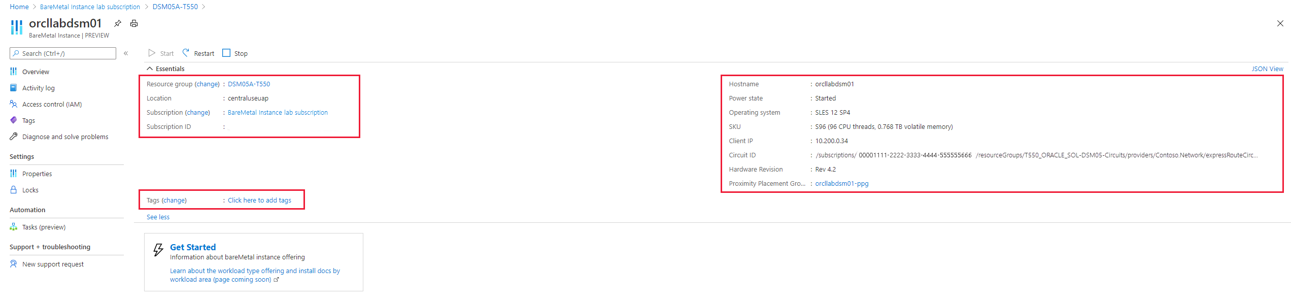 Capture d’écran montrant les attributs d’instance BareMetal d’une seule instance.