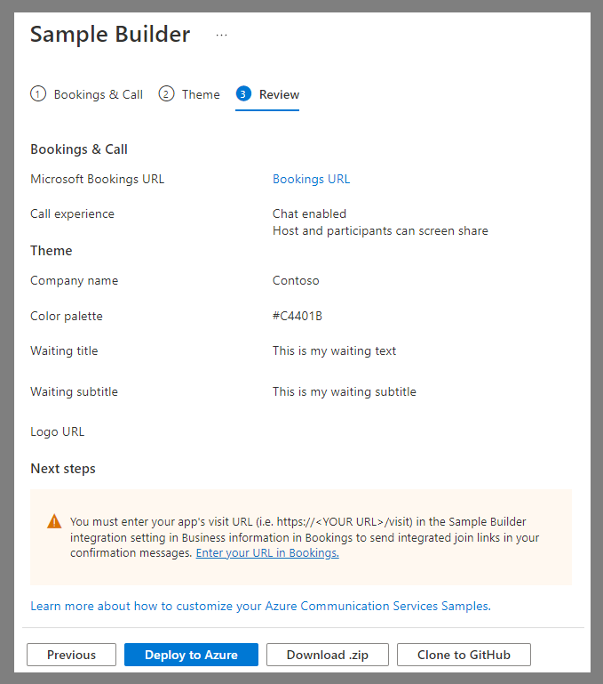 Capture d’écran de la page de déploiement Sample Builder.