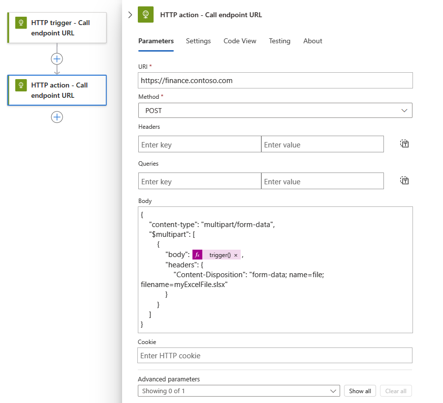 Capture d’écran montrant le flux de travail standard avec les données d’action HTTP et de formulaire multipart.