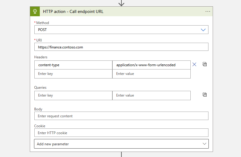 Capture d’écran qui montre le flux de travail Consommation avec une requête HTTP et un en-tête content-type défini sur application/x-www-form-urlencoded.