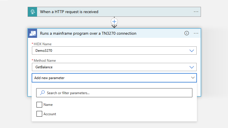 Screenshot shows Consumption workflow designer, 3270 action, and selected parameters.