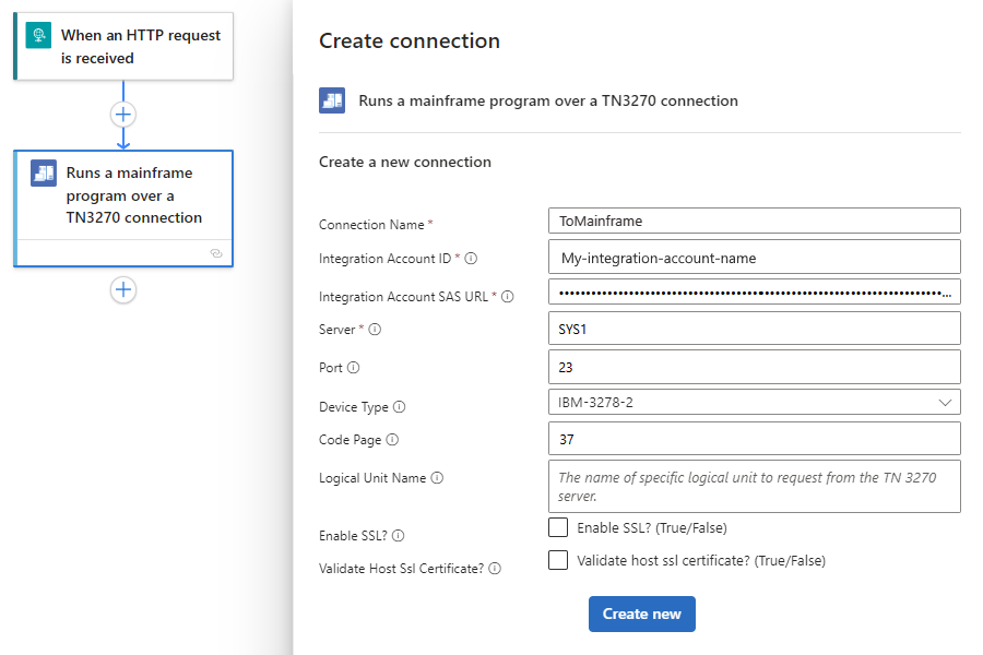 Screenshot shows Azure portal, Consumption workflow designer, and IBM 3270 connection properties.