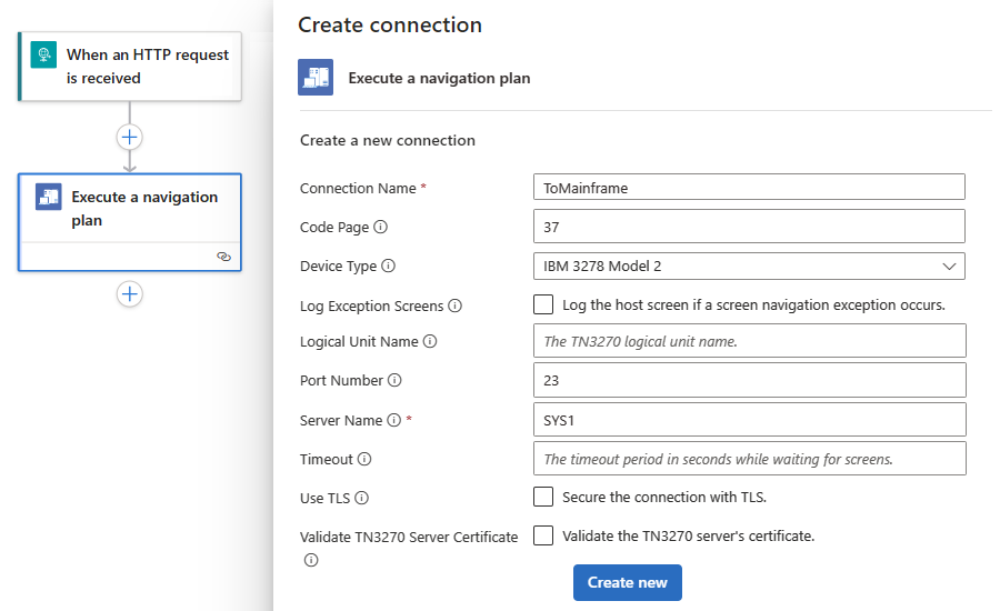 Screenshot shows Azure portal, Standard workflow designer, and IBM 3270 connection properties.