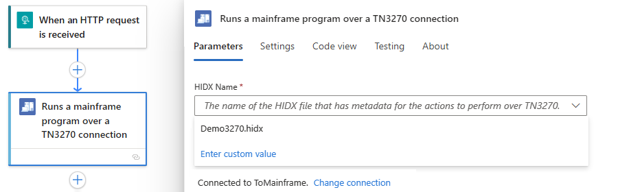 Screenshot shows Consumption workflow designer, 3270 action, and selected HIDX file.