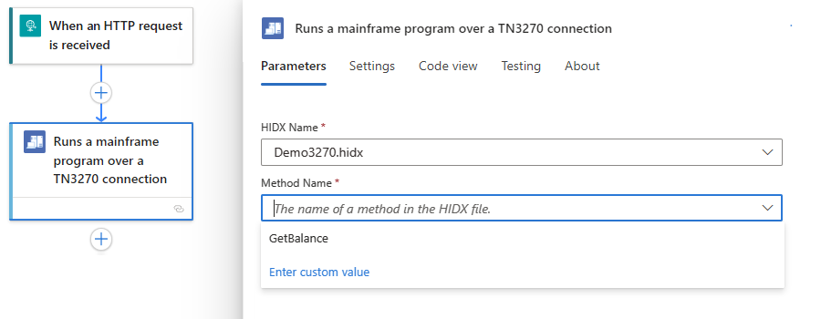 Screenshot shows Consumption workflow designer, 3270 action, and selected method.