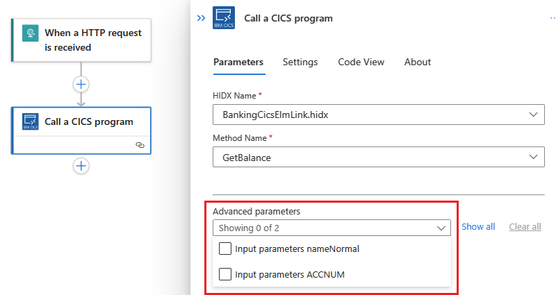 Screenshot shows CICS action with all parameters.