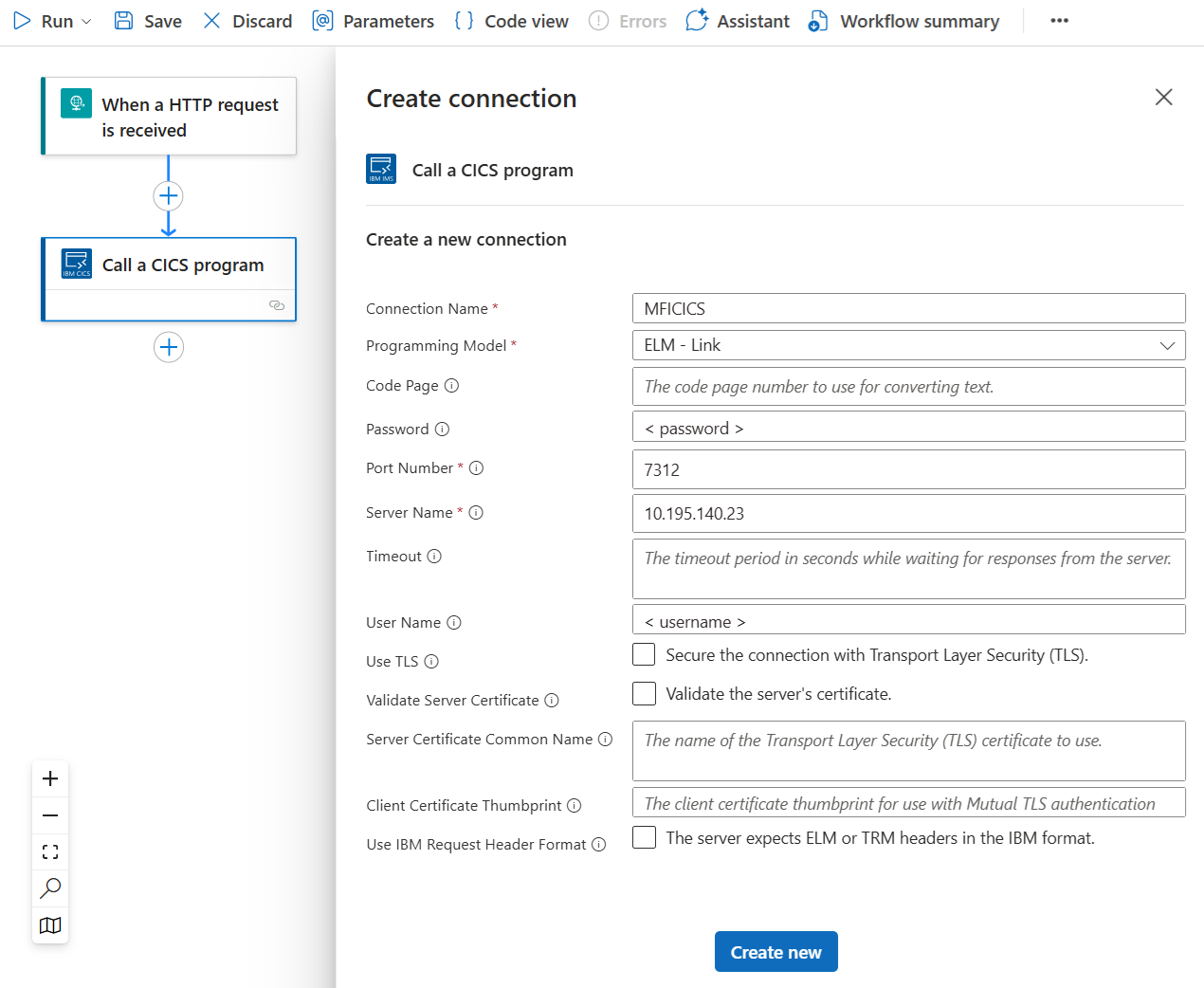 Screenshot shows CICS action's connection properties.
