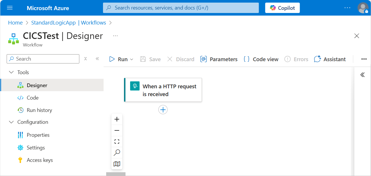 Screenshot shows Azure portal, Standard workflow designer, and Request trigger.