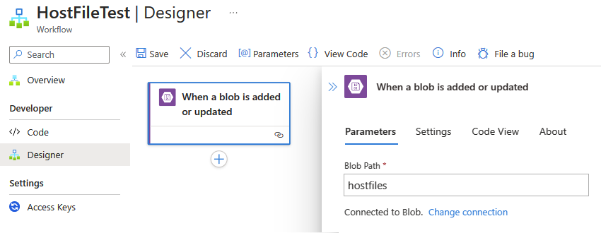 Screenshot shows Azure portal, Standard workflow designer, and Azure Blob Storage trigger.