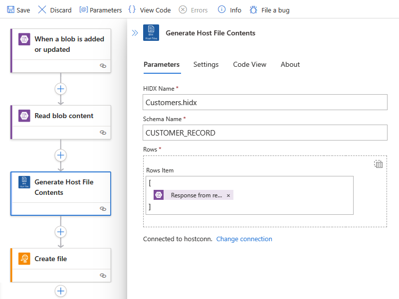 Screenshot shows the completed Generate Host File Contents action.